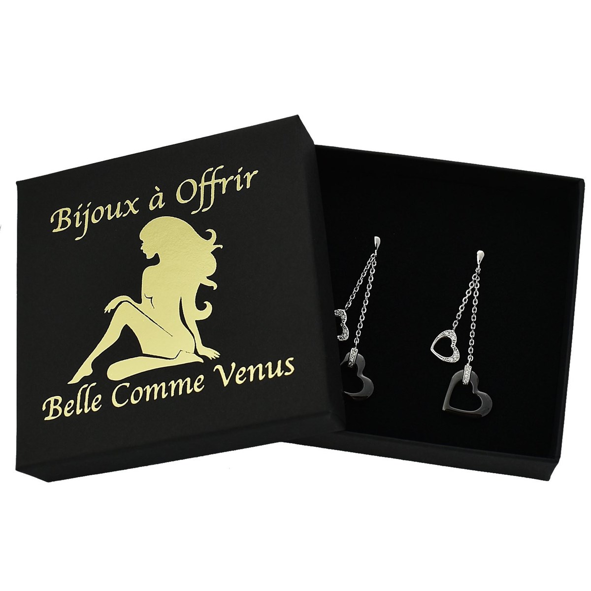 Boucles d'oreilles 2 coeurs oxyde de zirconium et céramique noire Argent 925 Rhodié