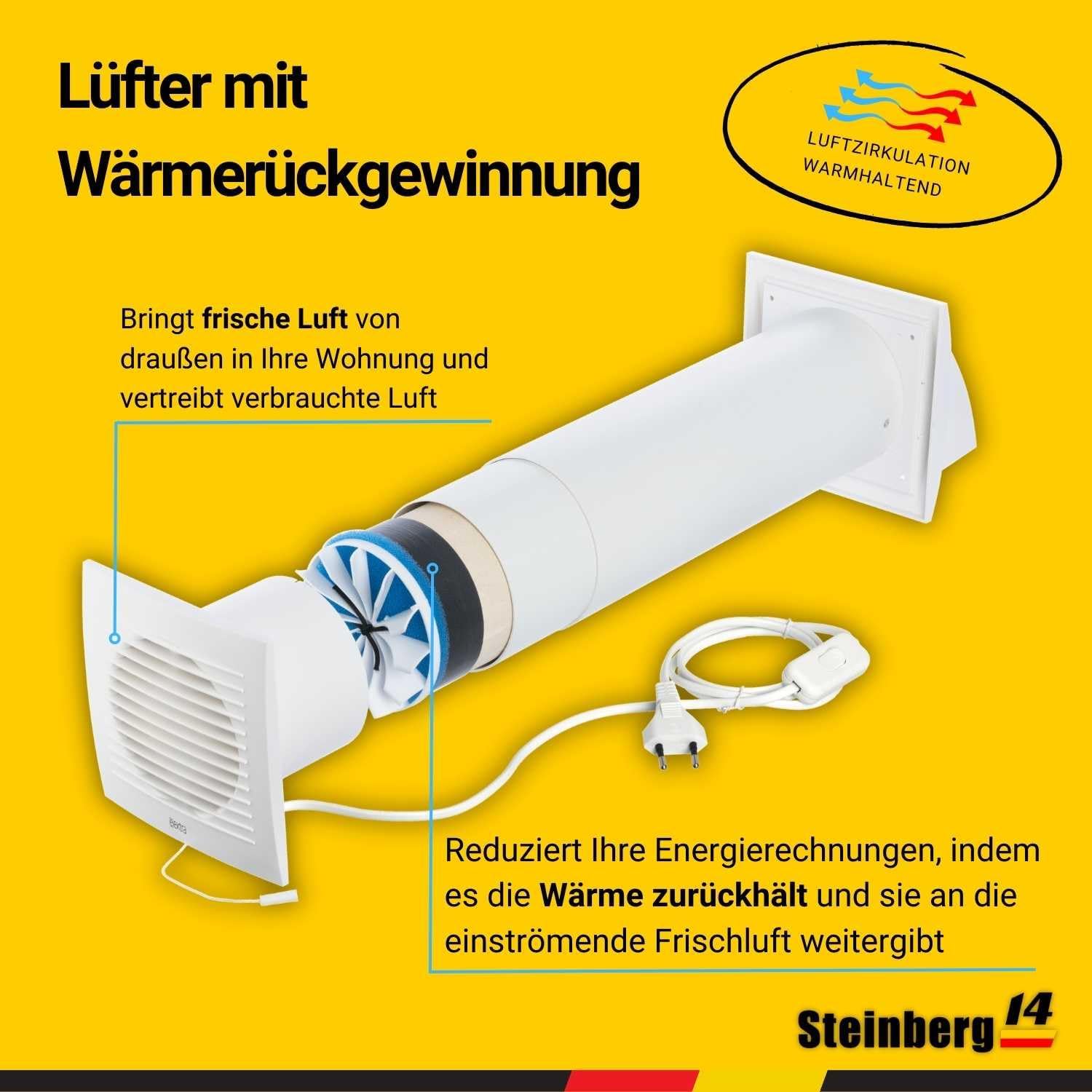 Steinberg14 Weiß 100mm Dezentrale Lüftung mit Wärmerückgewinnung - Rekuperator mit Kabel und Zugschnur - Wandlüfter mit Wärmetauscher - Raumbelüftung Wohnraumlüftung Belüftungssystem Lüftungsanlage