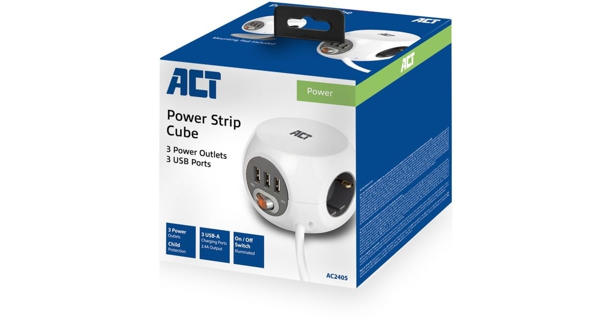 ACT ConnectivityVierkante stekkerdoos (PDU) met 3 sockets type F, 3 USB-A poorten, 1,5m  (Wit)