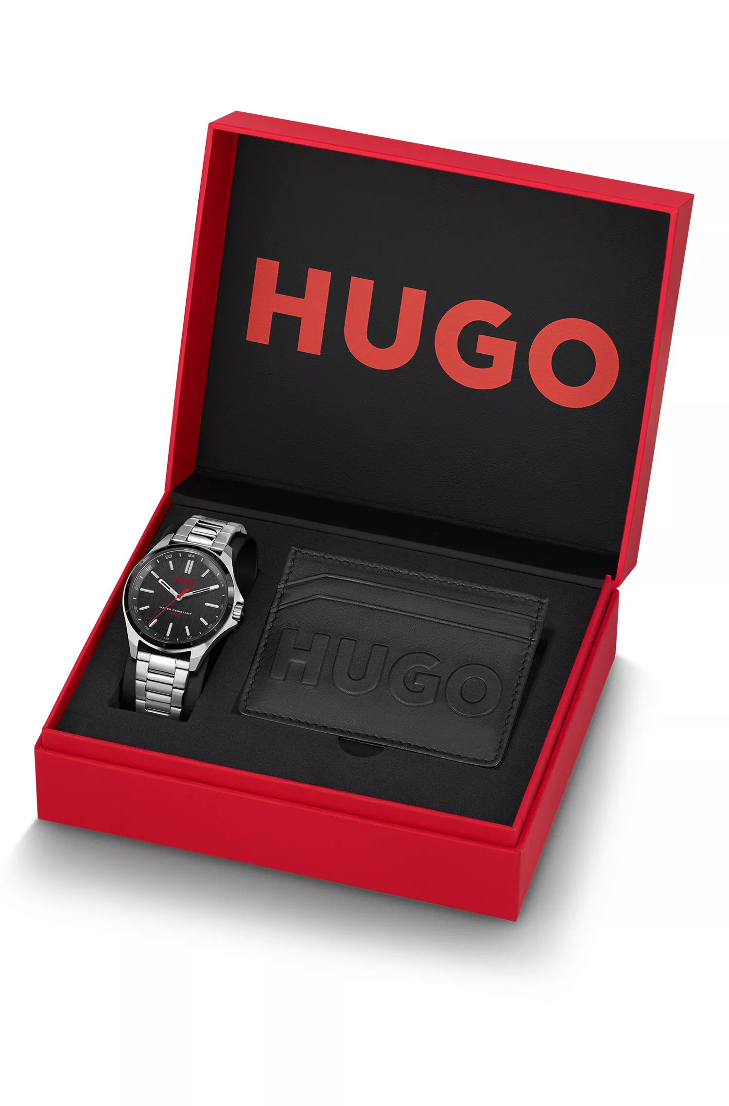 Relógio e porta-cartões HUGO em caixa de presente vermelha