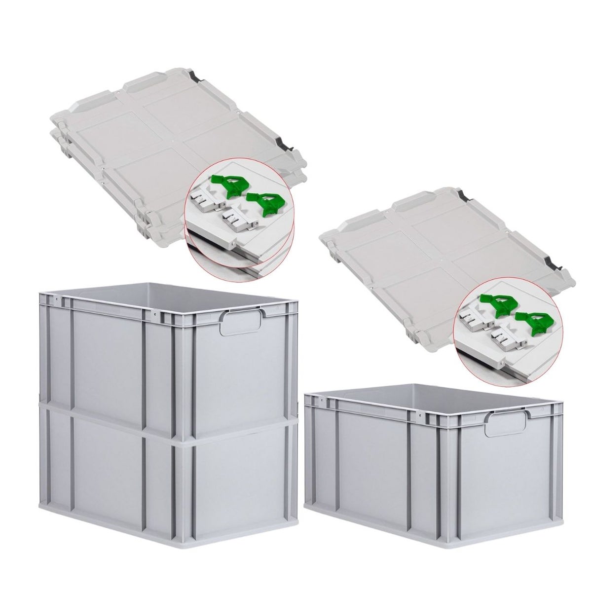 PROREGAL Voordeelset 3x Eurobox Nextgen Economy met scharnierend deksel en groene schuifsluitingen en handgrepen. Afmetingen gesloten (H x B x D): 32 x 40 x 60 cm, 65 liter.