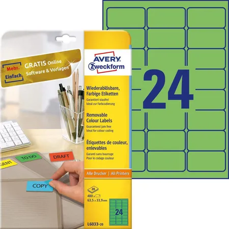 Avery Zweckform L6033-20 Farbige Etiketten,A4 63,5 x 33,9 mm, 20 Bogen/480 Etiketten, grün