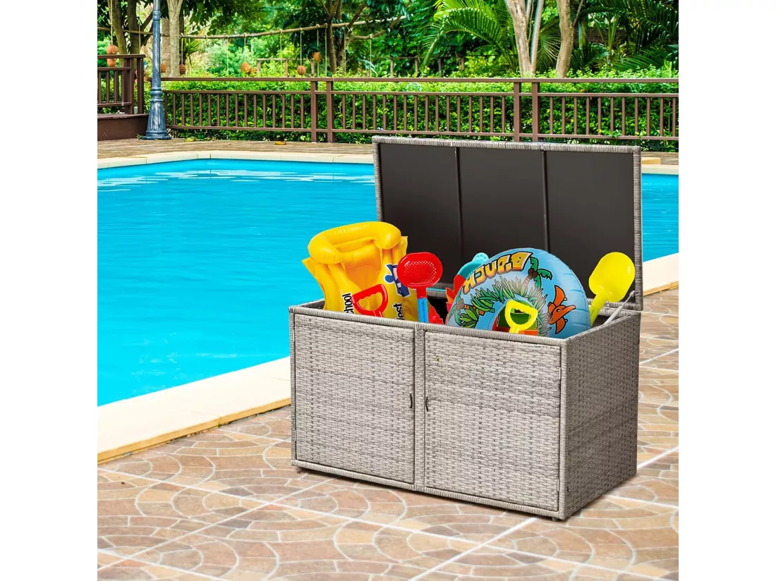 Coffre de Rangement Jardin 335L en Rotin et fibre naturelle PE, Charge Max. 120 kg, Cadre en Acier avec 2 Etagères 115 x 60 x 65 CMGris