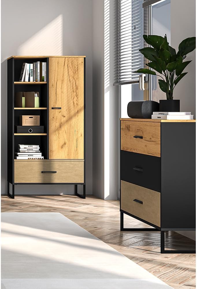 Lomadox Jugendzimmer Set 2-teilig mit Schreibtisch, Highboard, Kommode in Eiche schwarz Sandfarben modern