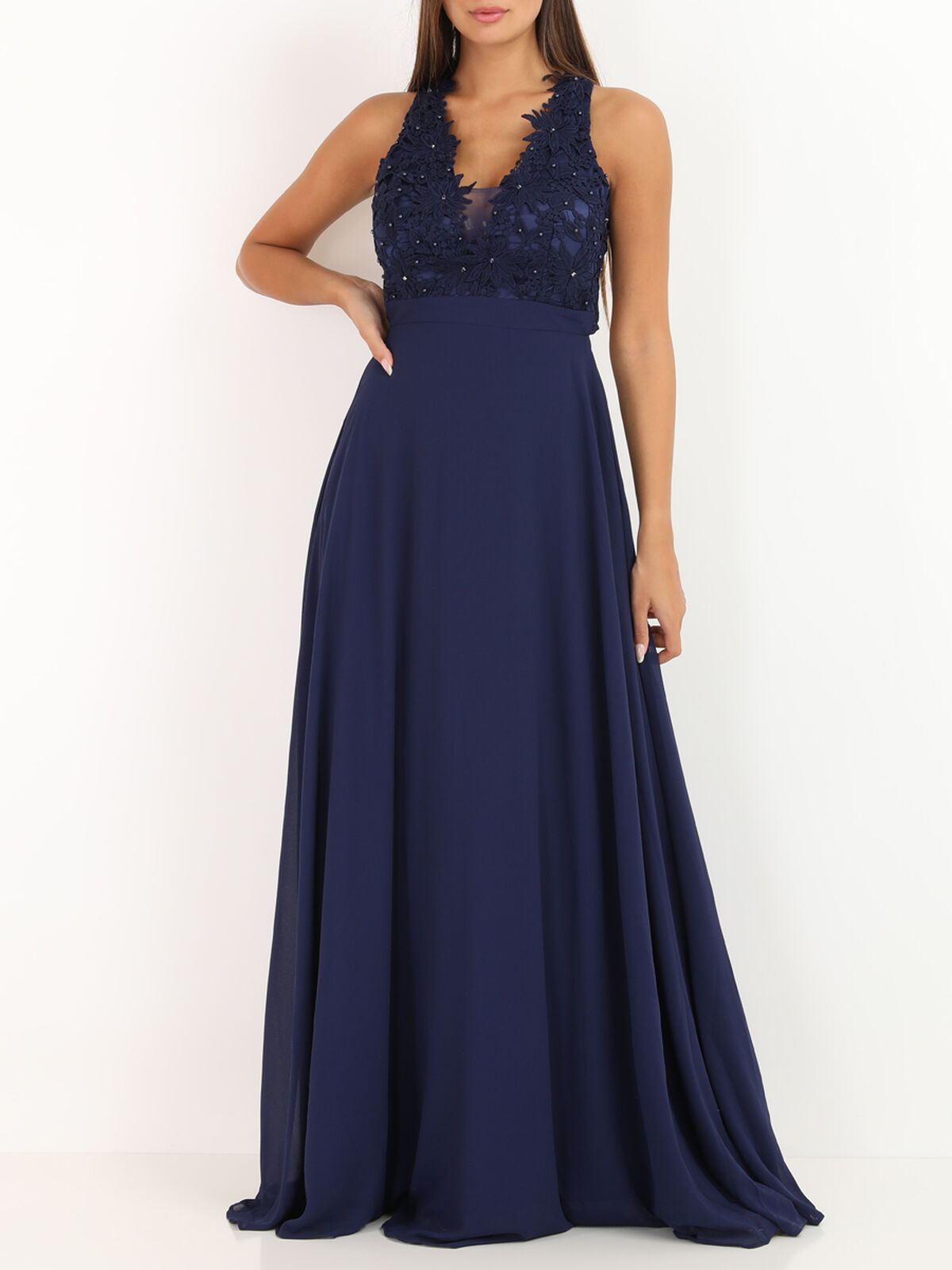 Robe longue à broderies fleuries- Bleu marine