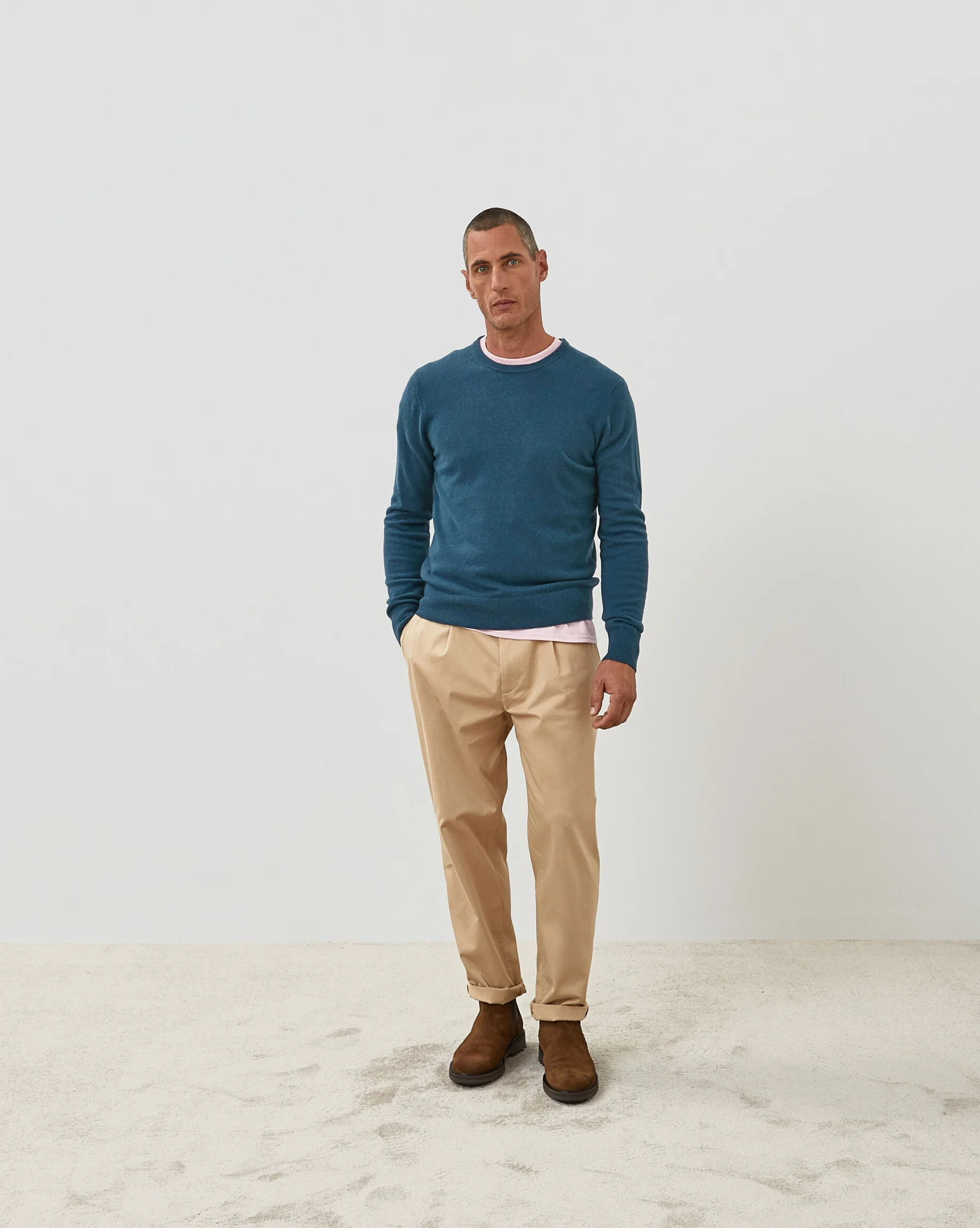 Pull homme col rond en cachemire 2 fils | Bleu