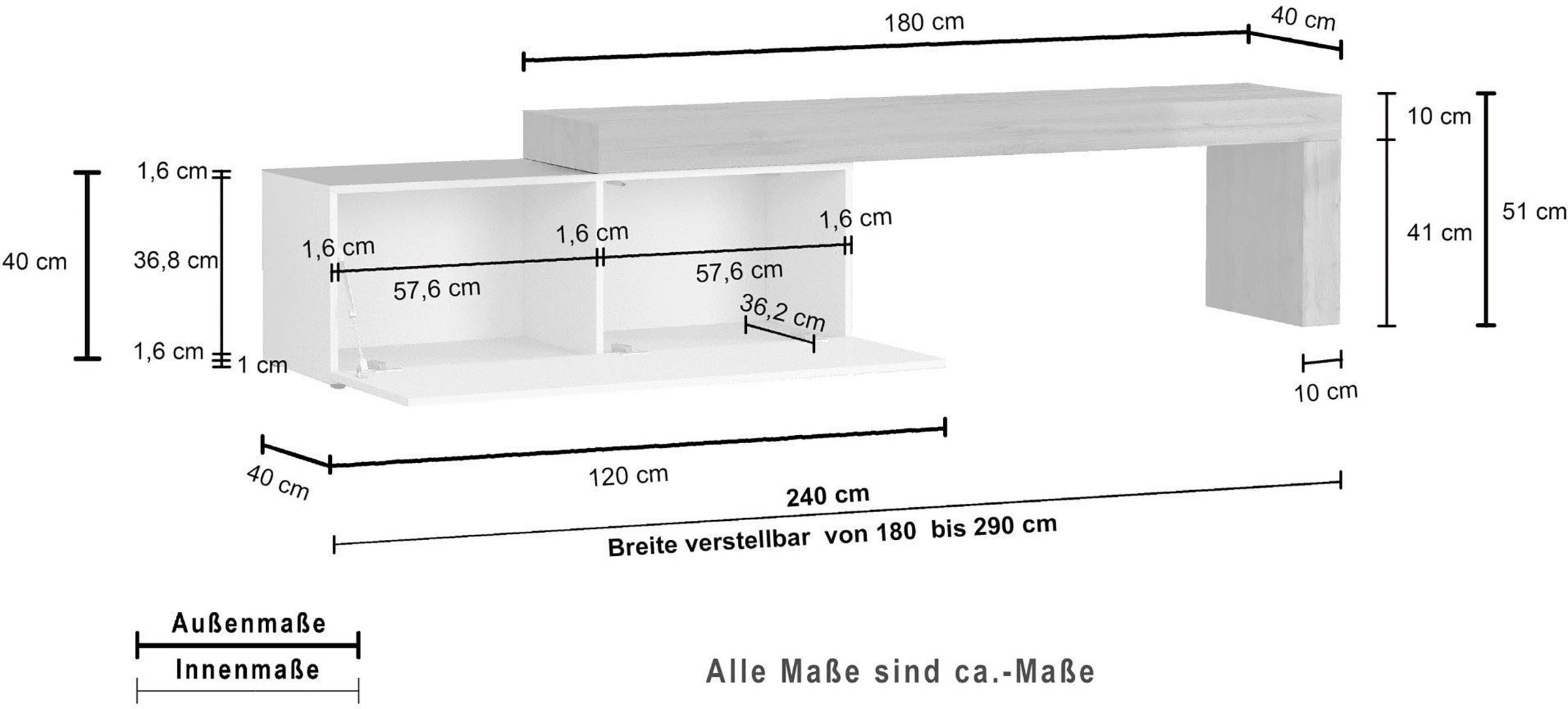INOSIGN Lowboard »Chronos TV-Board, T-Schrank« Breite verstellbar von 180 bis 290 cm, 1 Stk. tlg. Breite 240 cm TV-Board,Lowboard,1 Klappe und ein L-Förmiger Aufsatz