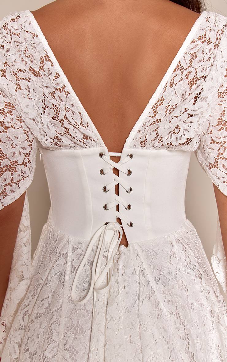 Blanc Robe Mini À Taille Corset En Dentelle Et Manches Drapées