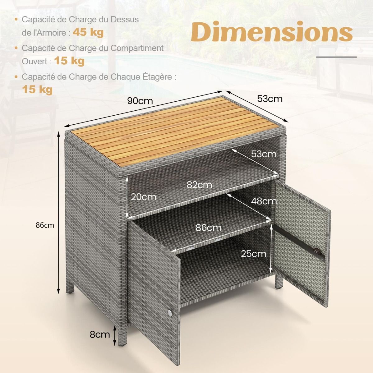 Armoire de Rangement Exterieur en Rotin Armoire de Jardin avec Plateau en Bois d'Acacia Compartiment Ouvert Buffet à 2 Portes - Lidl-Manfred