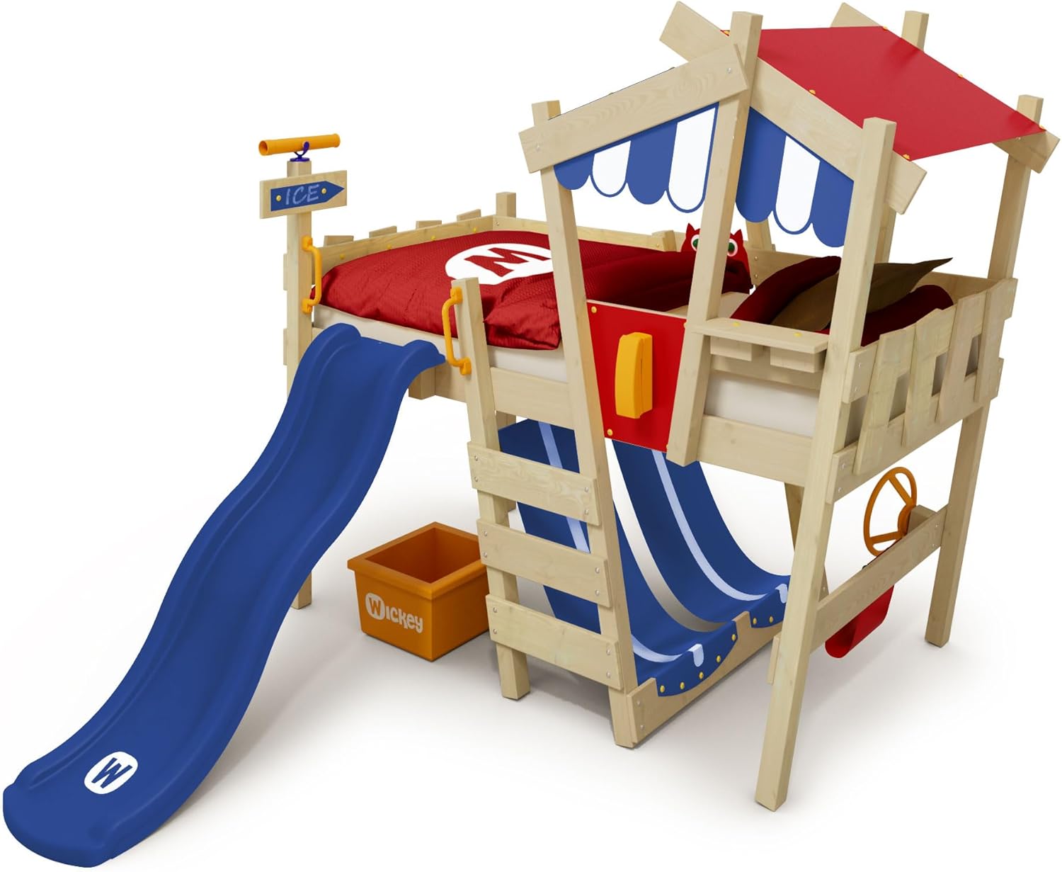 WICKEY Kinderbett, Hochbett Crazy Hutty mit aus Massivholz Blauer Rutsche & weiterem Spielzubehör 90 x 200 cm – Plane rot/blau - individuell Gestaltbar