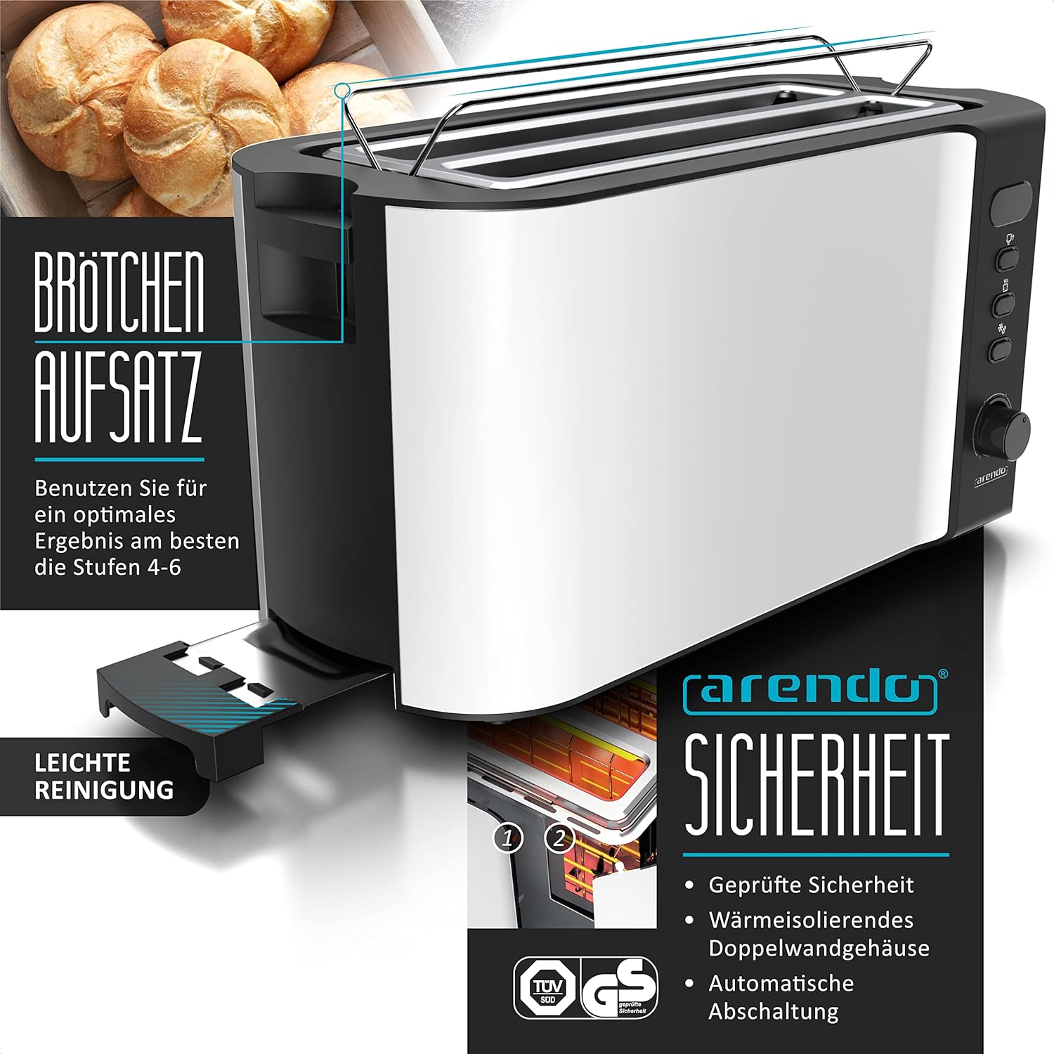 Arendo - Wasserkocher mit Toaster SET Edelstahl Weiß matt, Wasserkocher 1,5L 40° - 100° Warmhaltefunktion Toaster 4 Scheiben LED-Display 6 Bräunungsgrade Brötchaufsatz