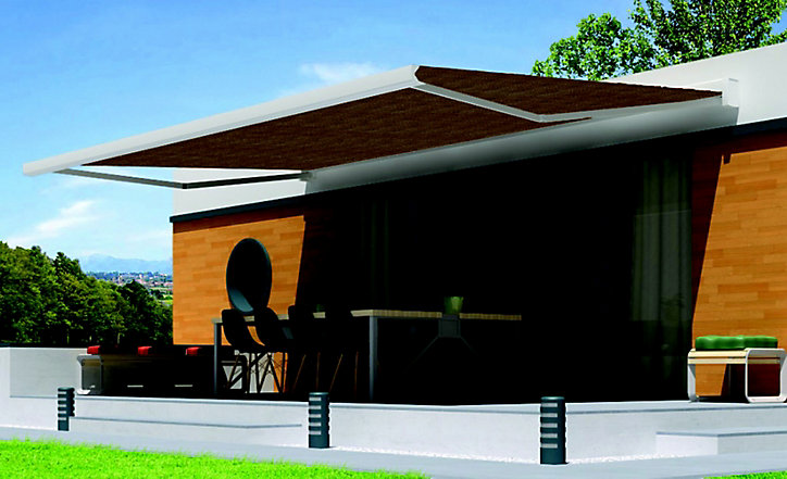 Store de terrasse motorisé Kobe coffre blanc / toile S300 marron 5 x 3,5m, avec LED