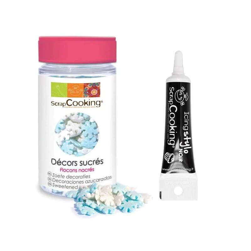 Décors sucrés flocons nacrés 50 g + Stylo de glaçage noir Scrapcooking