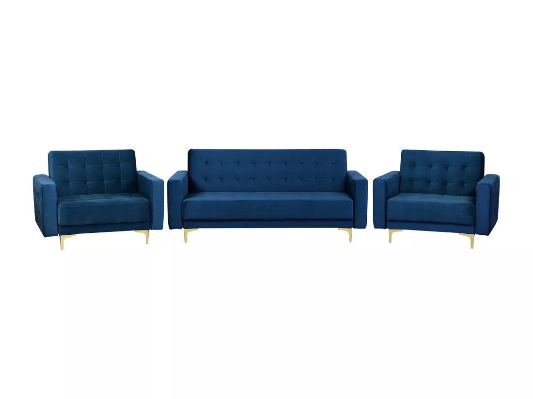 Ensemble canapé et fauteuils en velours bleu marine 5 places ABERDEEN