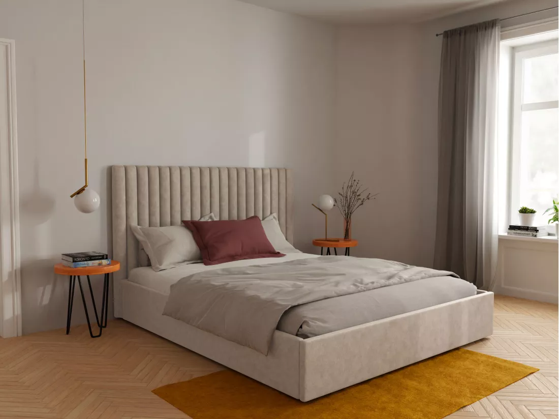 Lit coffre 120 x 190 cm avec tête de lit coutures verticales - Tissu - Taupe - SARAH II