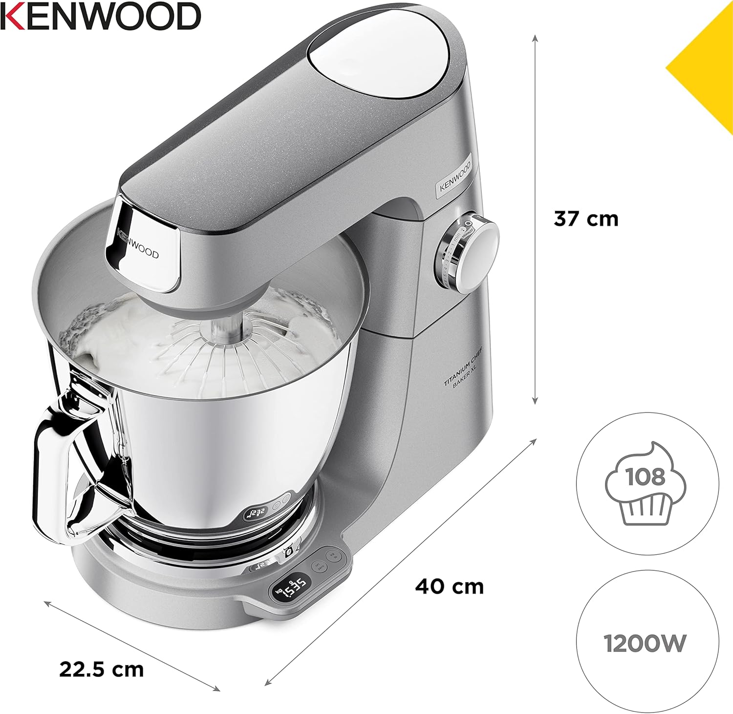 Kenwood Titanium Chef Baker XL, Robot Pâtissier avec Batteur K, Crochet Pétrisseur, Fouet et Bol de 7 Litres, KVL85.424SI, 1200W, Argent