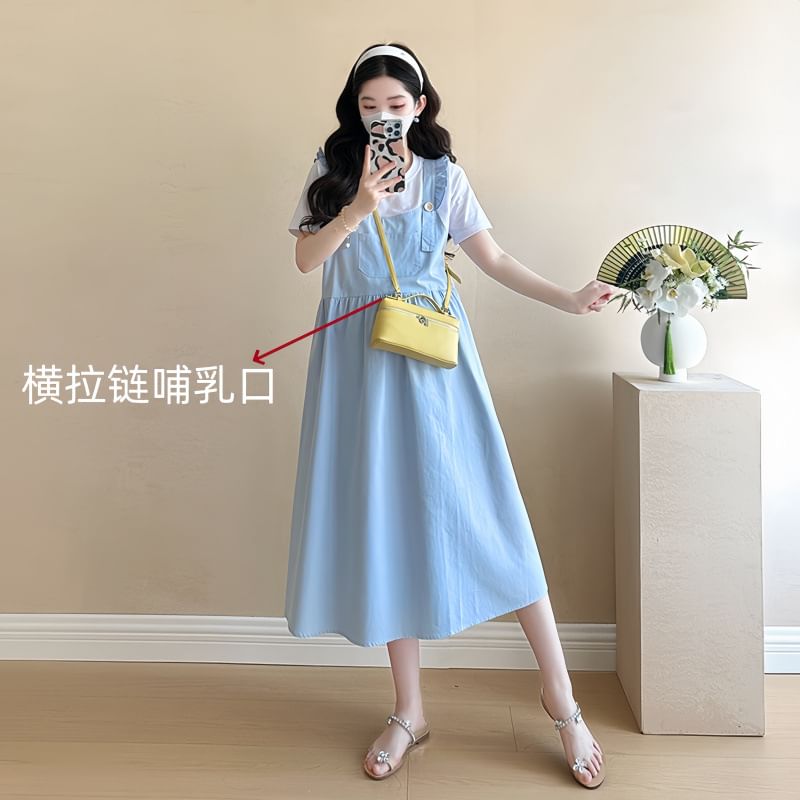 Levsayte - Maternity Plain Ruffle Midi Pinafore Dress