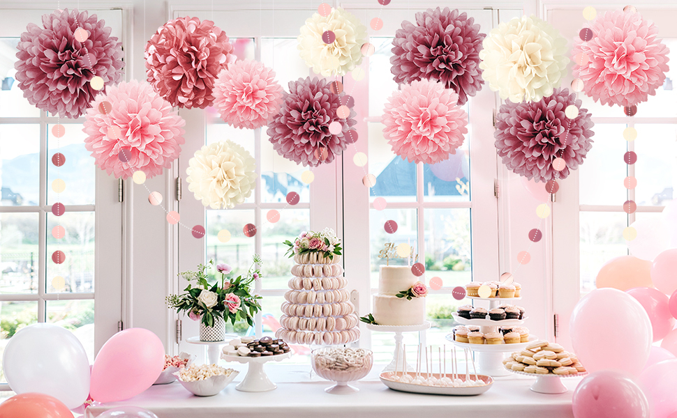 (15-tlg. Set) Papier Pompon's Deko Kreis Girlande Party / Geburtstag / Hochzeit - Roségold / Pink / Beige