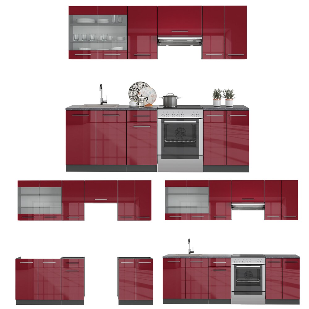 VICCO Küche Fame-Line Küchenzeile Küchenblock Einbauküche 240cm Bordeaux Hochglanz