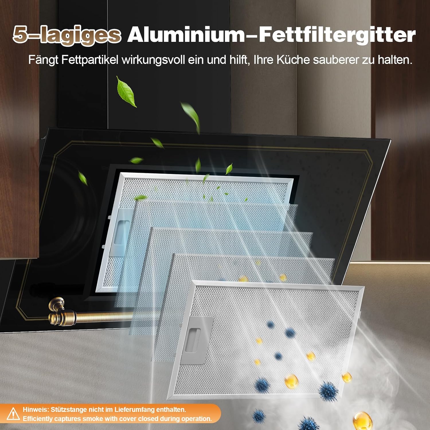 SNDOAS Dunstabzugshaube 60cm, Abzugshaube mit A+++ Energieeffizienz, Abluft/Umluft, 400 m³/h, 3 Stufen + Booster, Wandhaube mit Aktivkohlefilter, Gehärtetes Glas Touchscreen und LED, Schwarz/Gold
