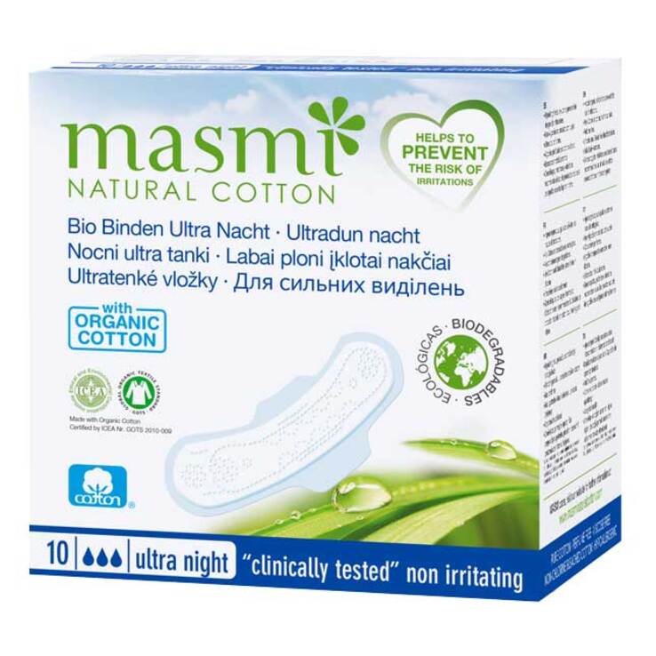 Bio Binden Ultra Nacht 100% Bio Baumwolle Masmi, 10 St