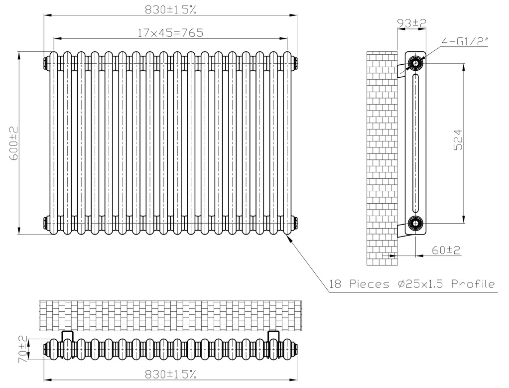 Eastbrook Imperia 2 koloms radiator 85x60cm 1143W zwart mat