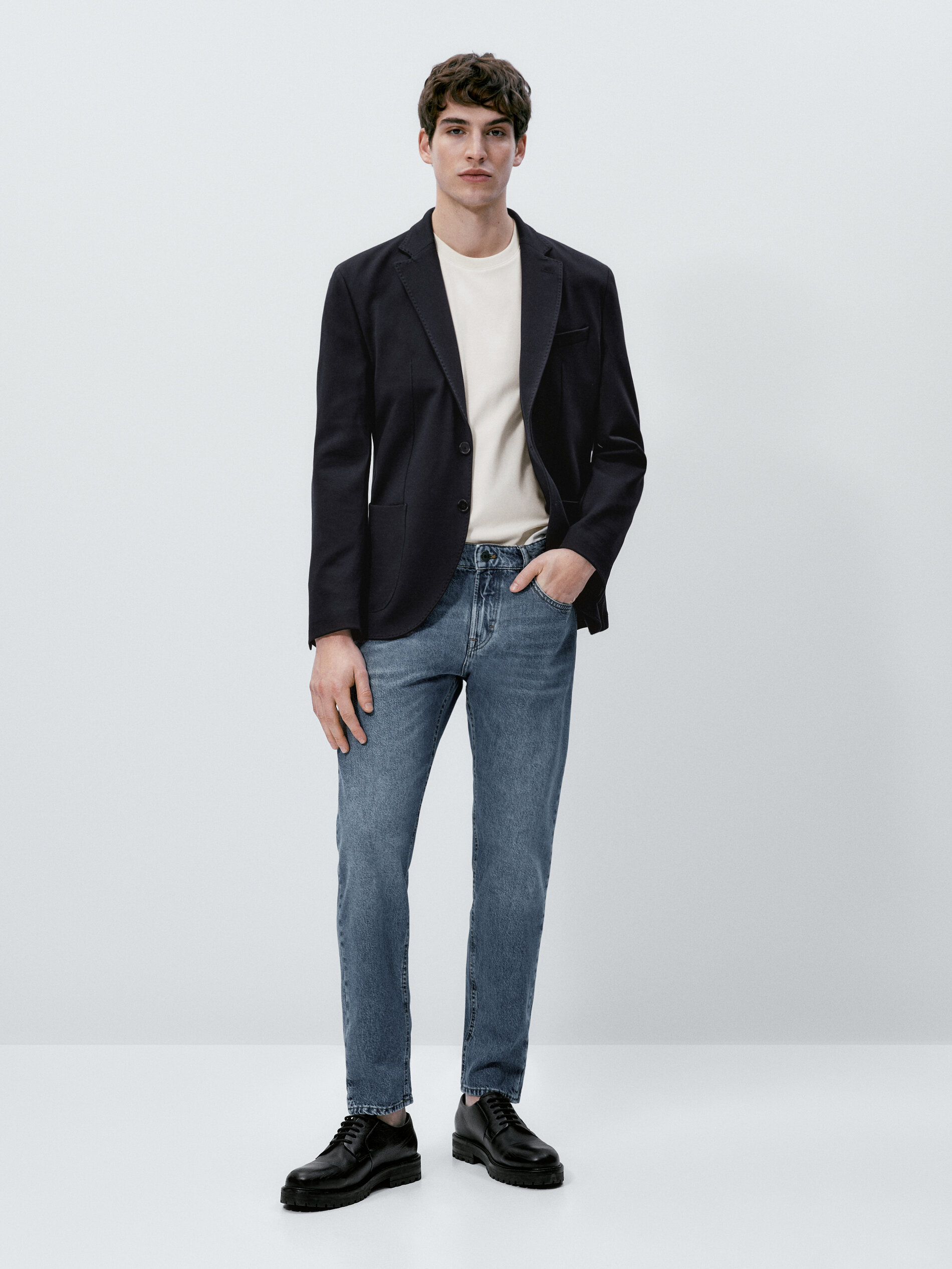 Calça vaquero mid stone wash tapered fit - INDIGO