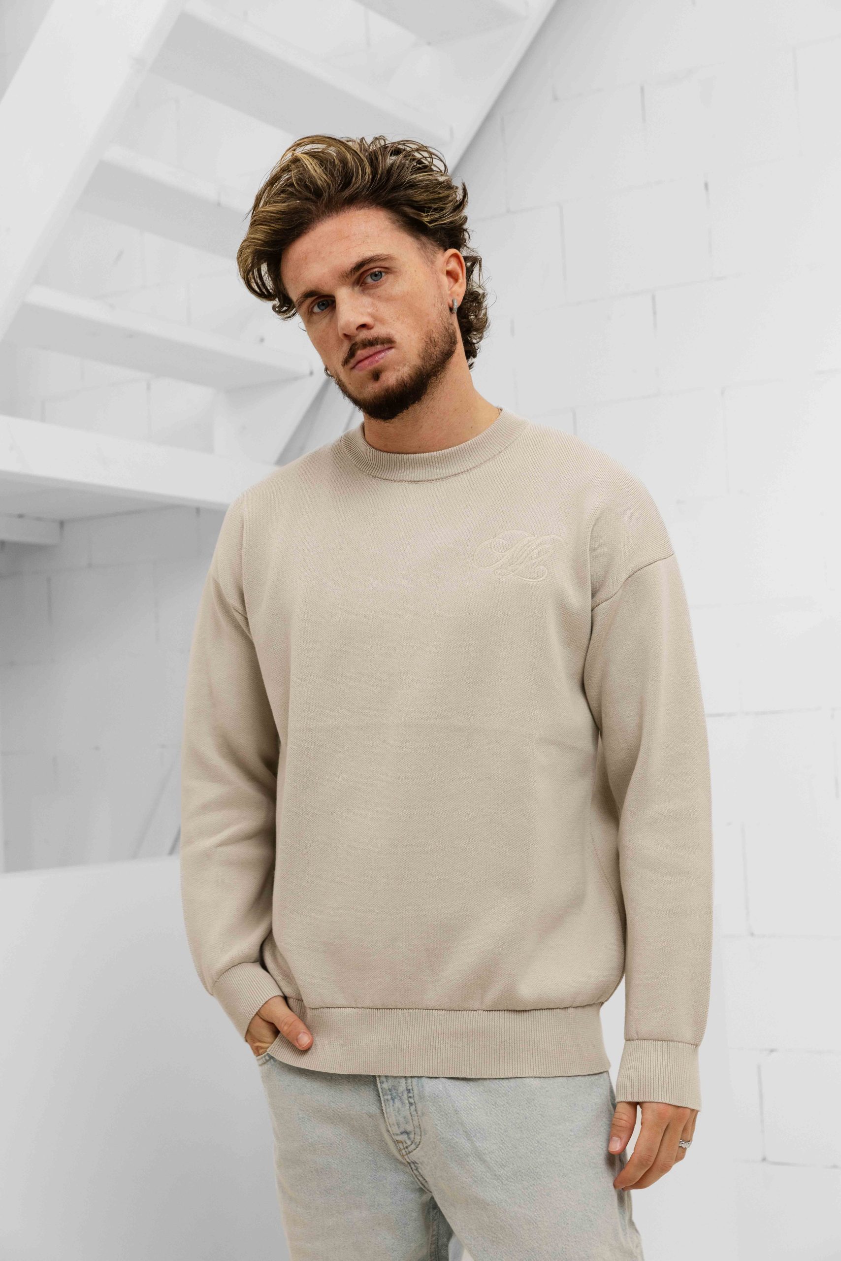 Malelions Oversized Emblem Knitted Sweater Heren Beige