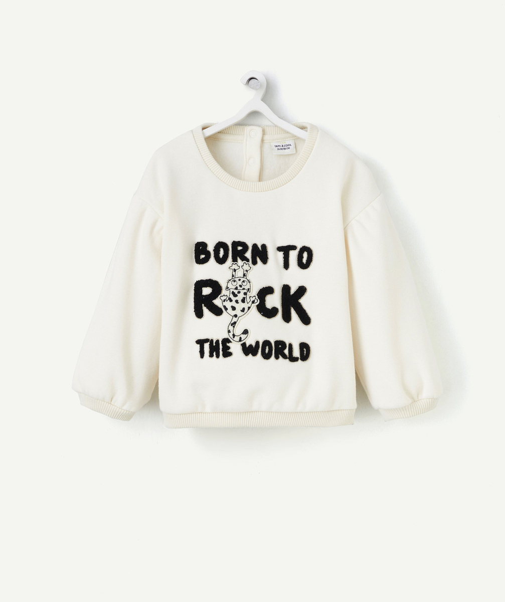 SWEAT BÉBÉ FILLE EN FIBRES RECYCLÉES ÉCRU AVEC MESSAGE EN BOUCLETTES THÈME ROCK
