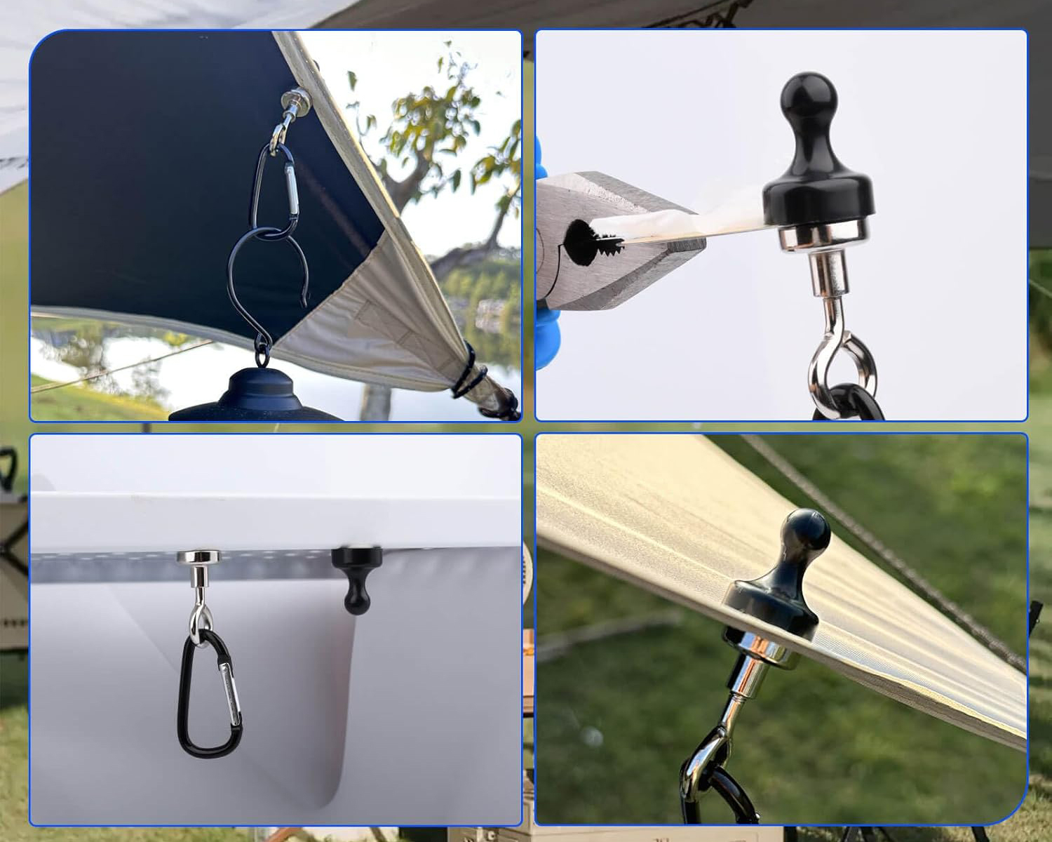 (8er Set) Multifunktionaler Camping Magnet Haken Outdoor Zubehör Halterung mit Karabiner - Schwarz