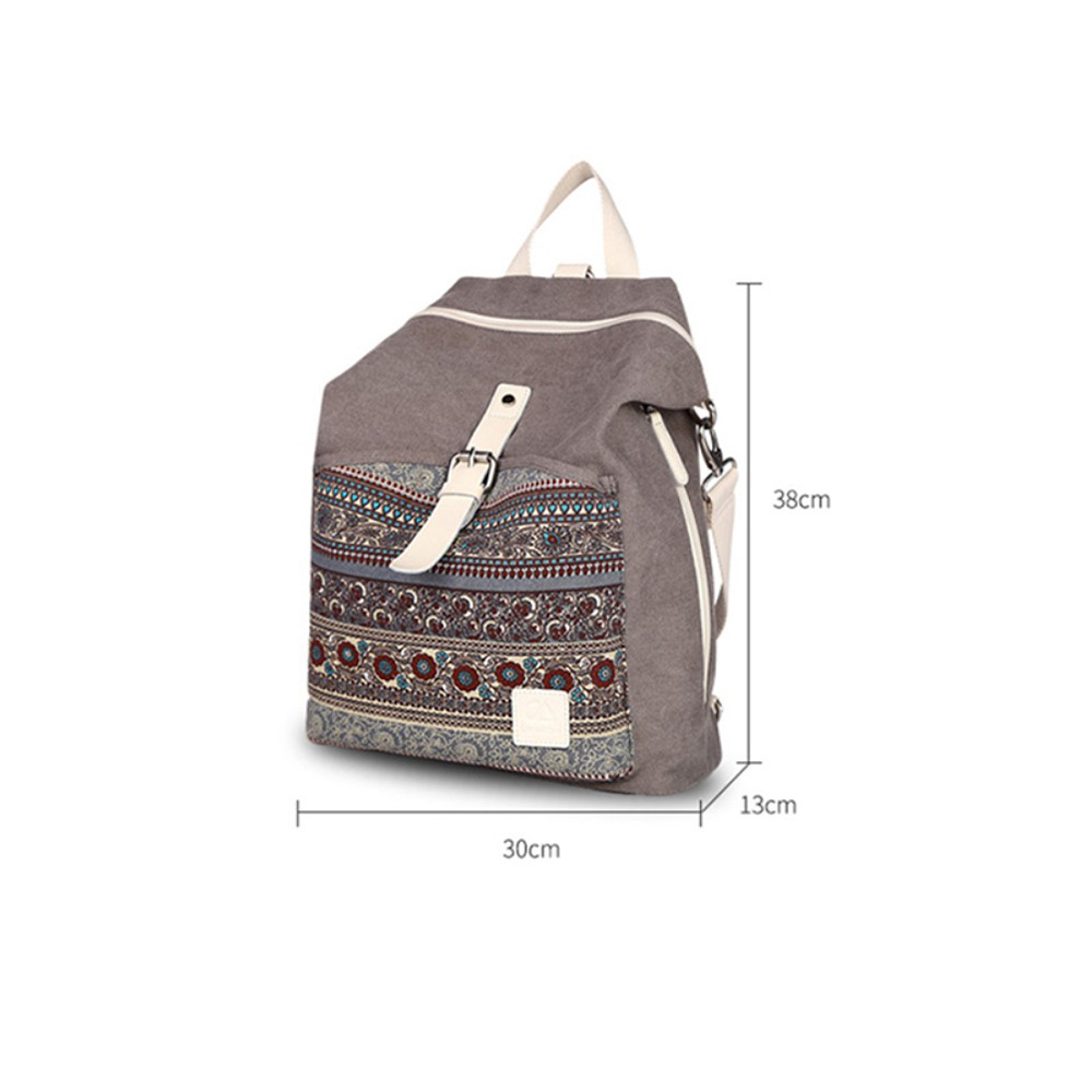 (38x30cm) Leinen Rucksack Fashion Umhänge Schulter Tasche Ethno Style - Grau