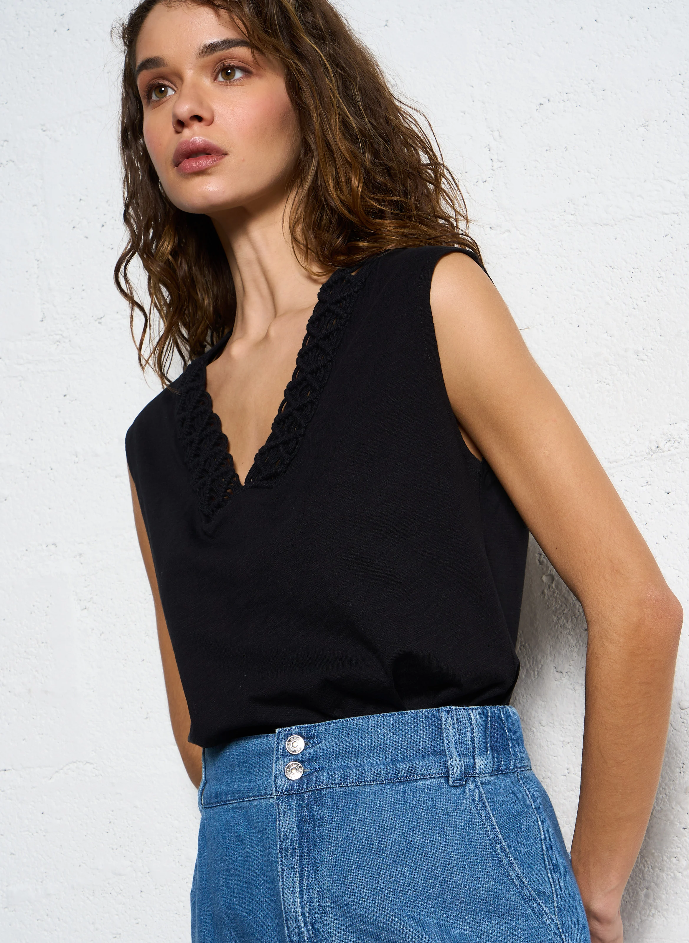 DREW - Débardeur oversize col V en coton | Noir