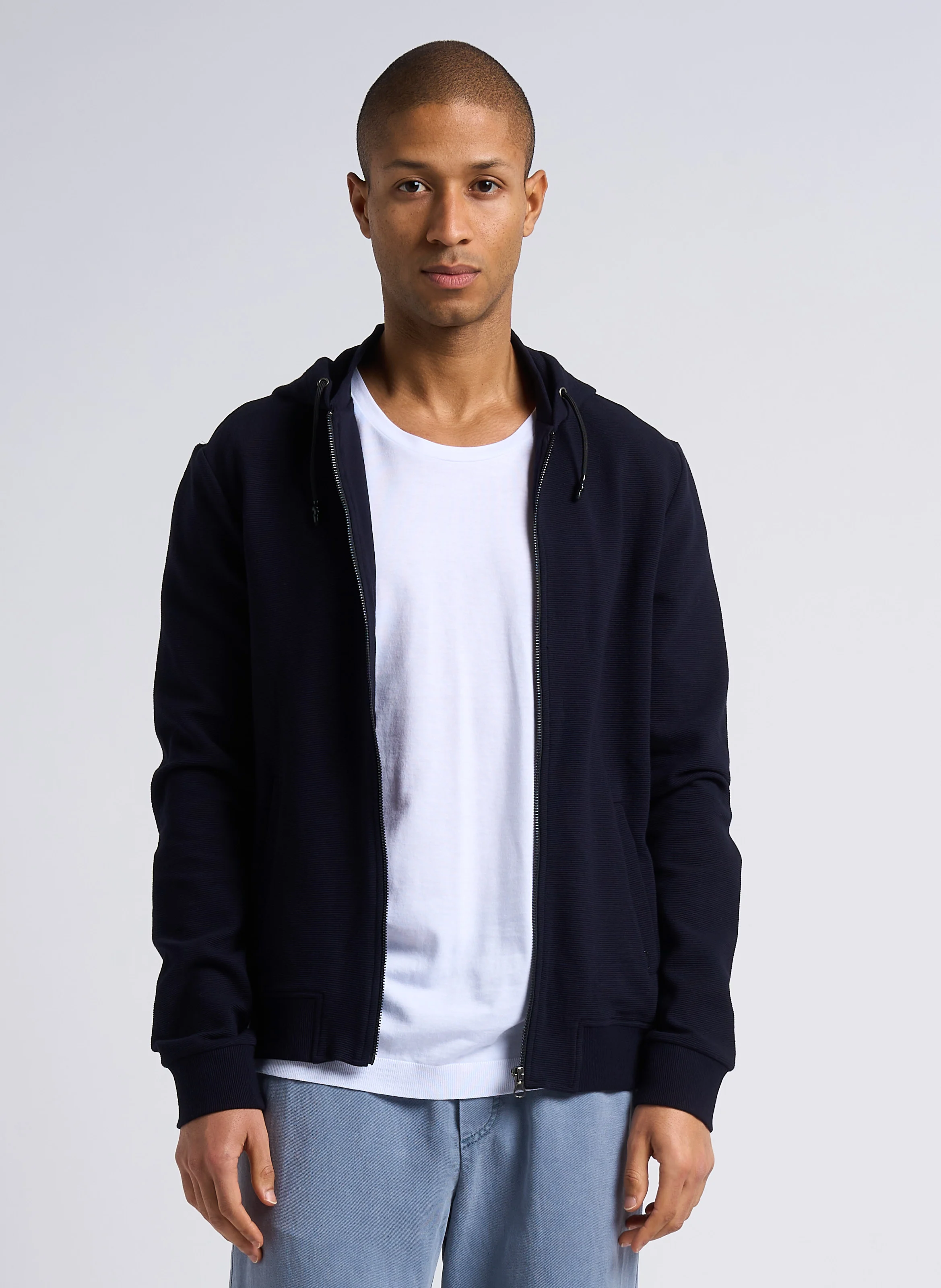 Gilet col rond regular fit à capuche en coton mélangé | Bleu