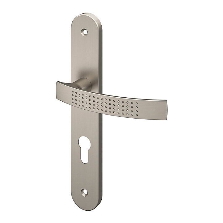 Ensemble poignée sur plaque rondcylindre GoodHome Diss effet nickel satin gris L.139mm x l.40mm entraxe 195mm