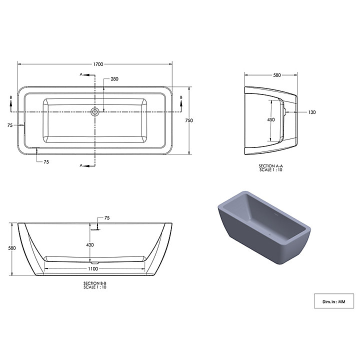 Baignoire îlot Merkys L. 170 cm x l. 75 cm gris