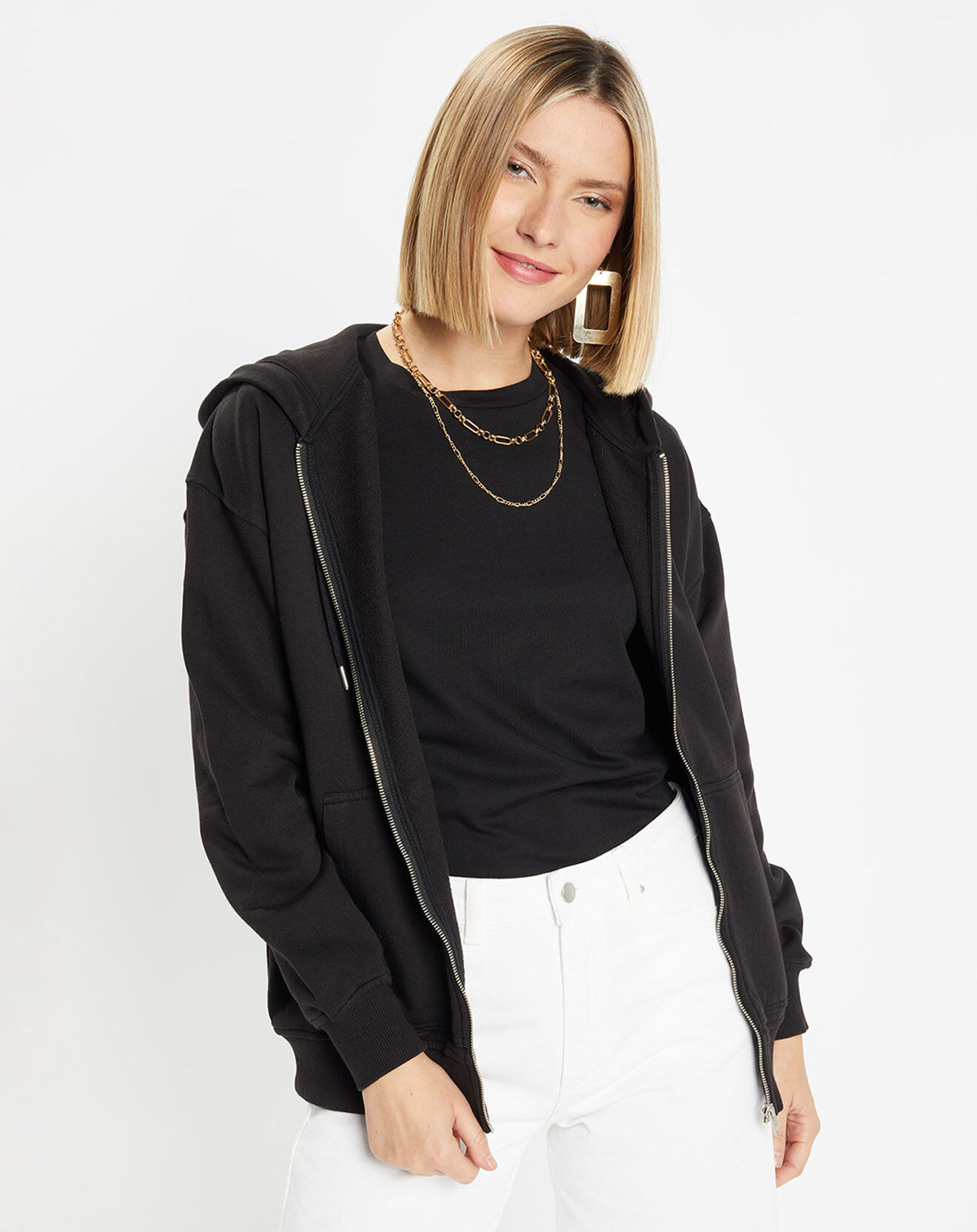 Galeries Lafayette Sweat zippé en Coton bio Mathalie à capuche noir