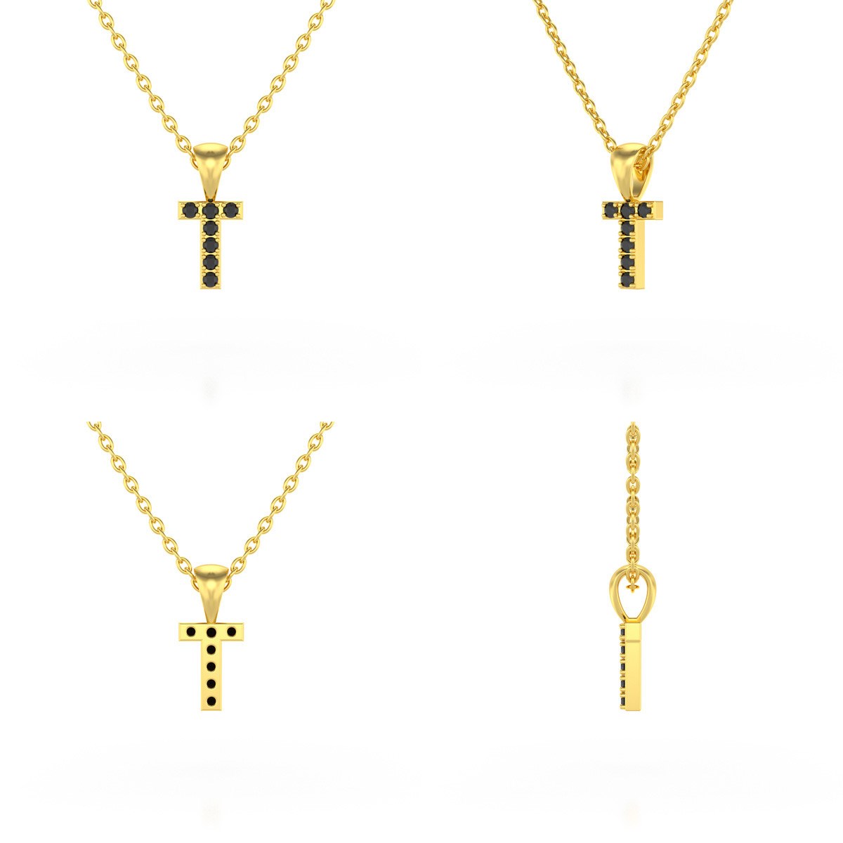 Collier Pendentif ADEN Lettre T Or 750 Jaune Diamant Noir Chaine Or 750 incluse 0.72grs