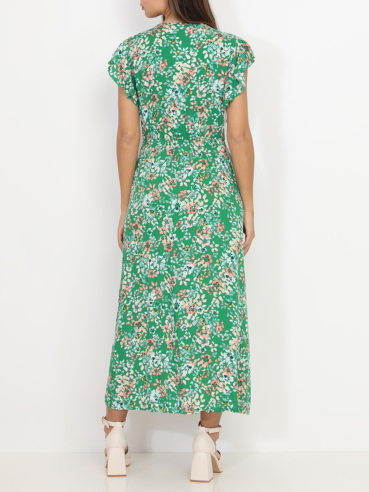 Robe longue fendue à imprimé floral- Vert