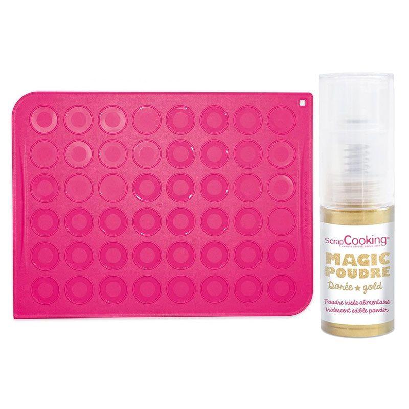 Tapis silicone pour macarons + 1 poudre alimentaire irisée dorée Scrap