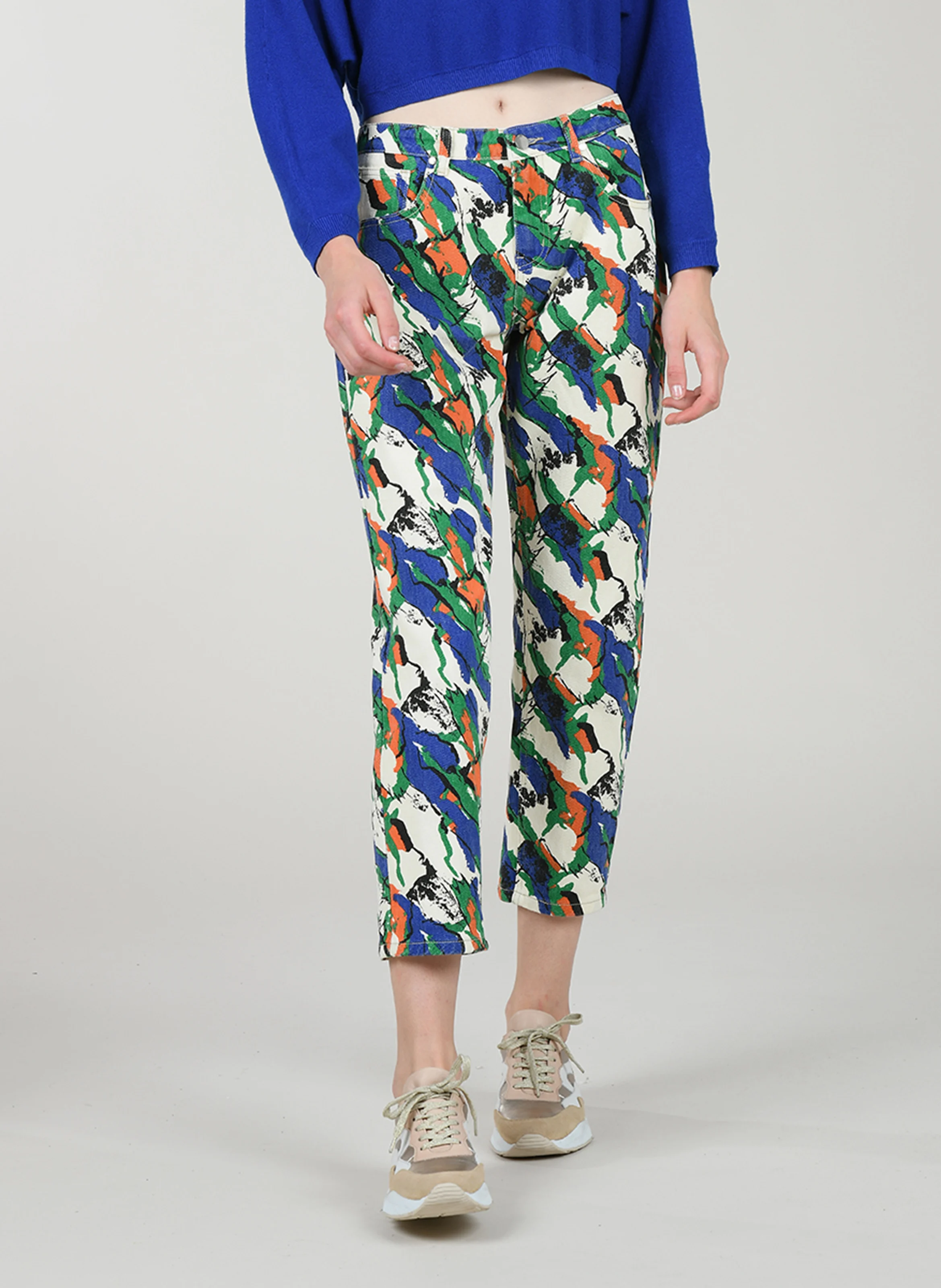 Pantalon droit 5 poches imprimé multicolore en coton | Rouge