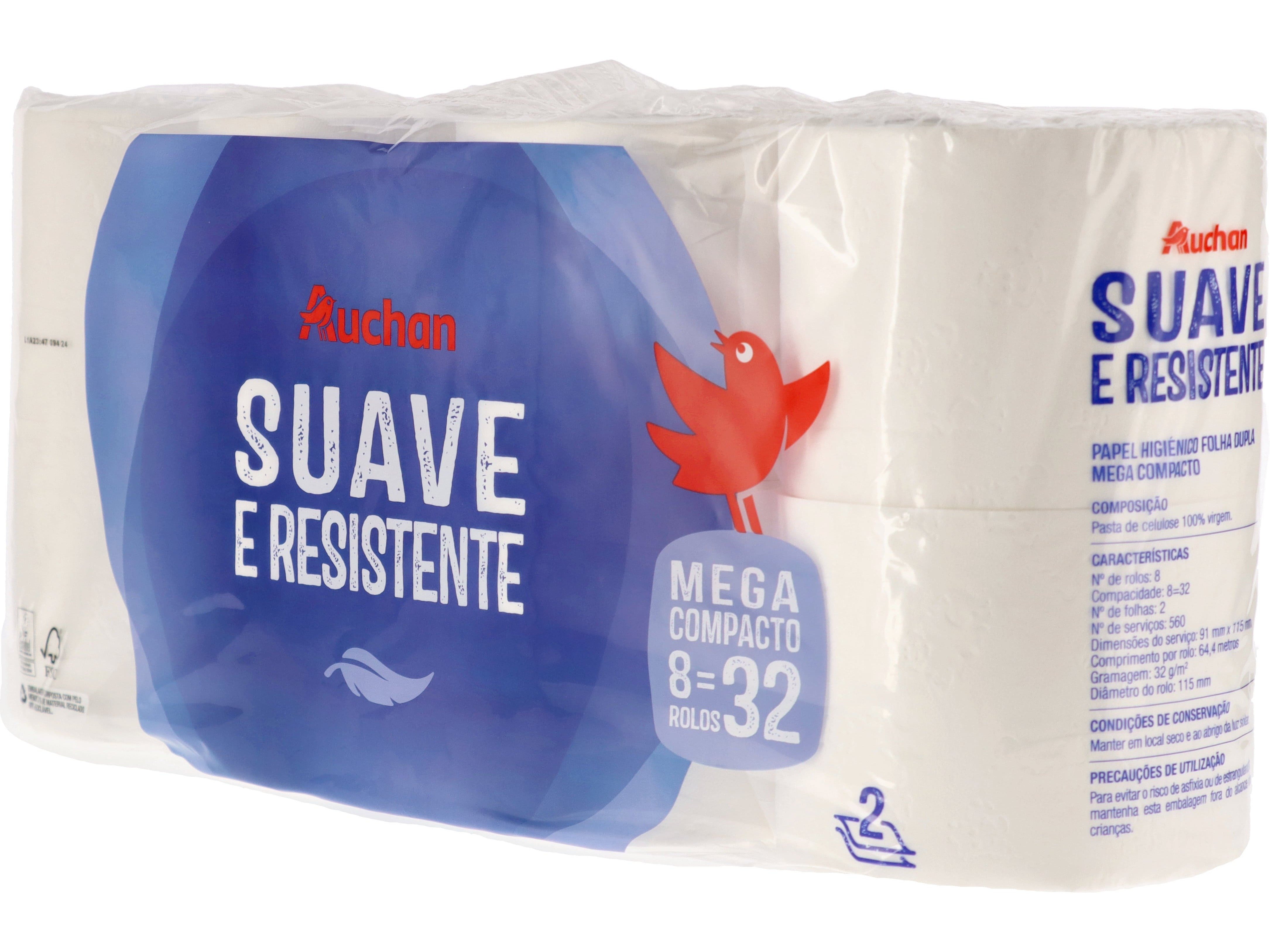 PAPEL HIGIÉNICO AUCHAN SUAVE E RESISTENTE FOLHA DUPLA MEGA COMPACTO 8 ROLOS = 32 ROLOS