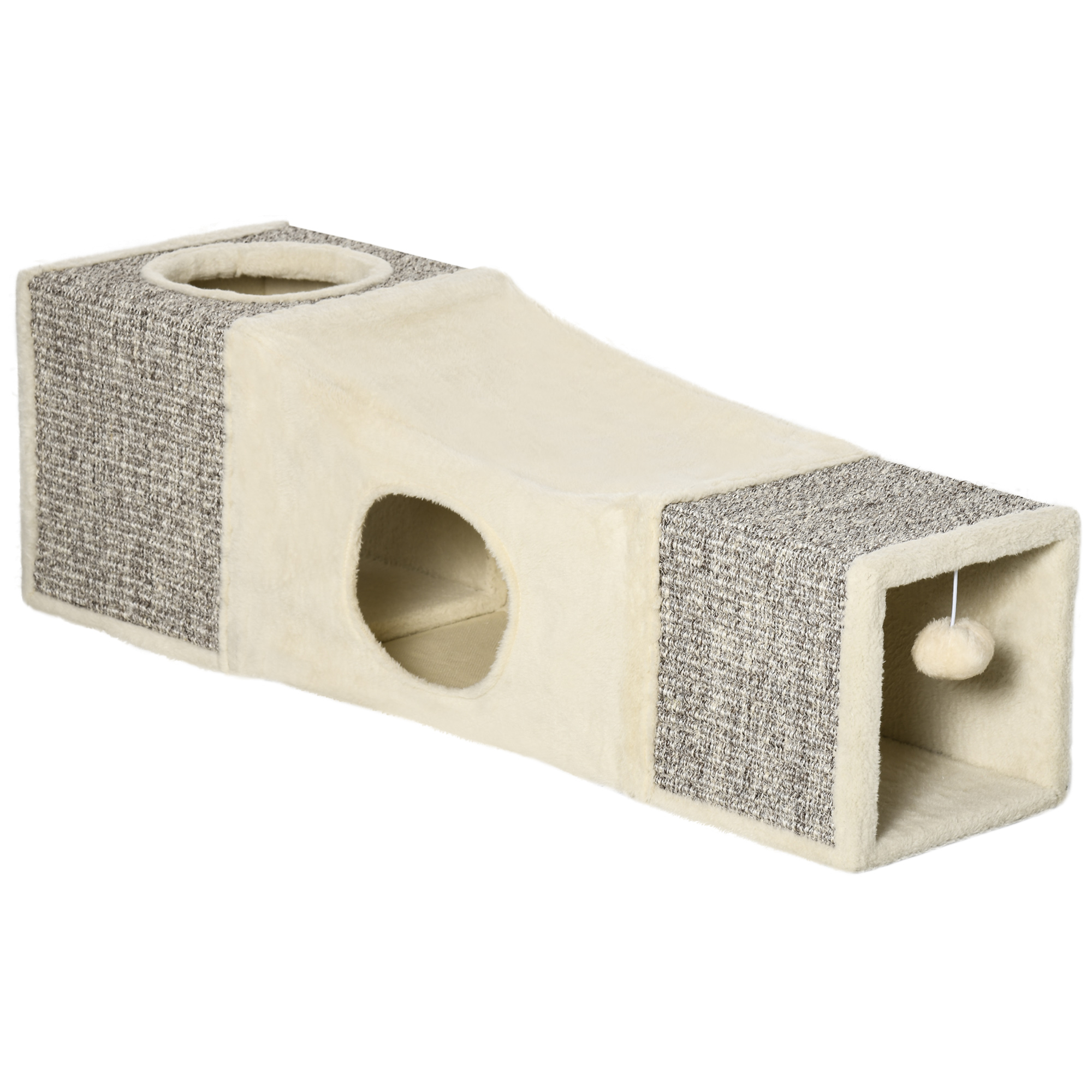 Túnel para gatos PawHut para ambientes internos, tubo dobrável com múltiplas entradas, casinhas de sisal e bola pendurada, 98x30x30 cm, creme.