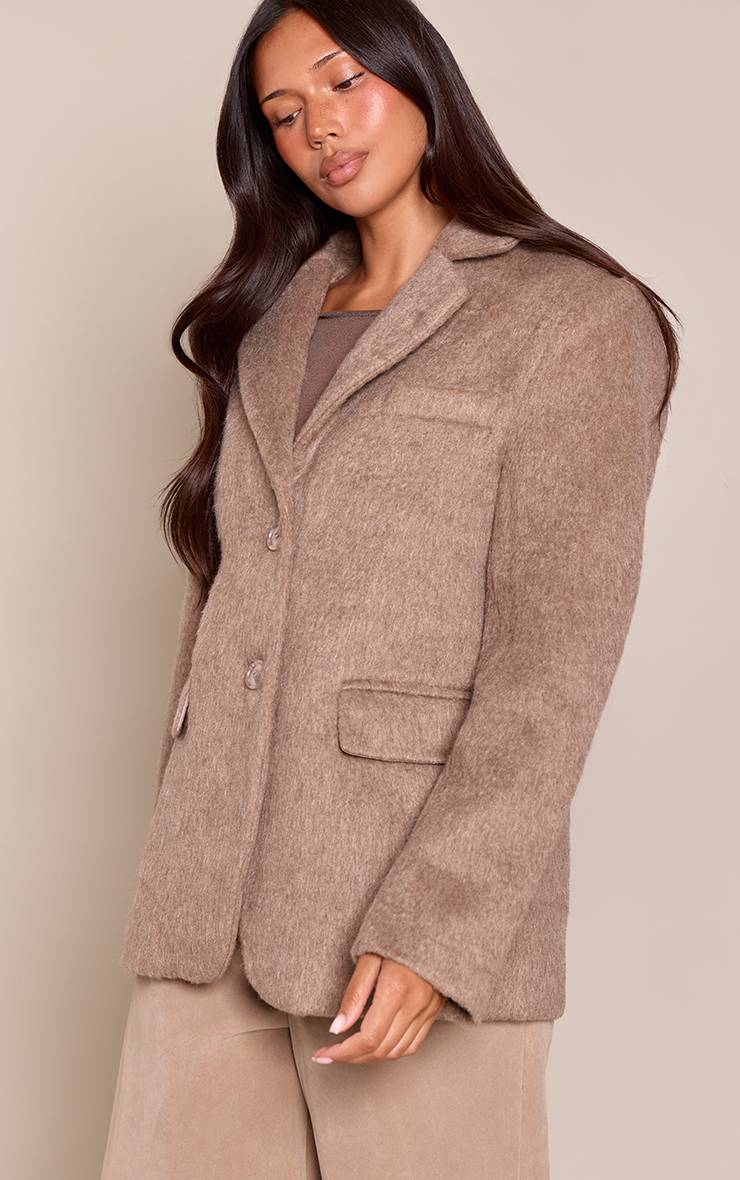 Gris Souris Blazer Oversize Effet Laine Brossée