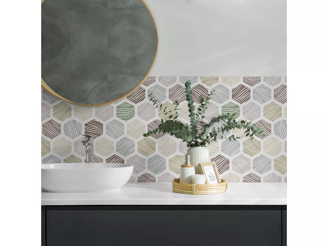 Panneaux muraux autocollants en vinyle imperméable - 4 x 50 x 50 cm - Modèle hexagonal avec des lignes