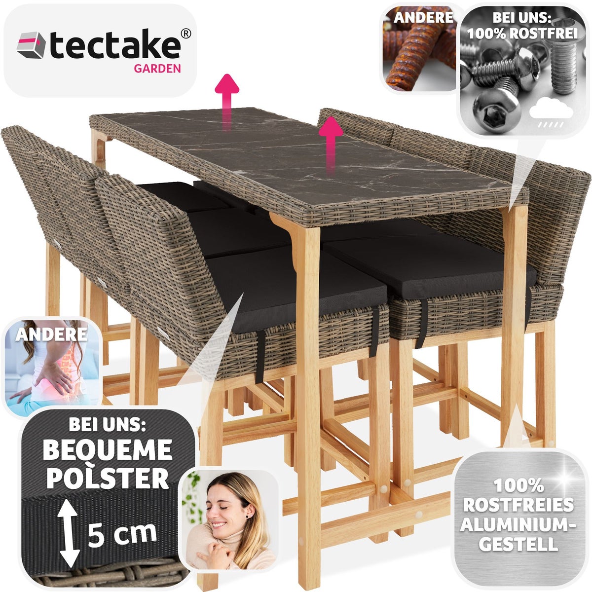 Lovas rotan tafel met 6 Latina stoelen van tectake, met aluminium frames en houten poten.