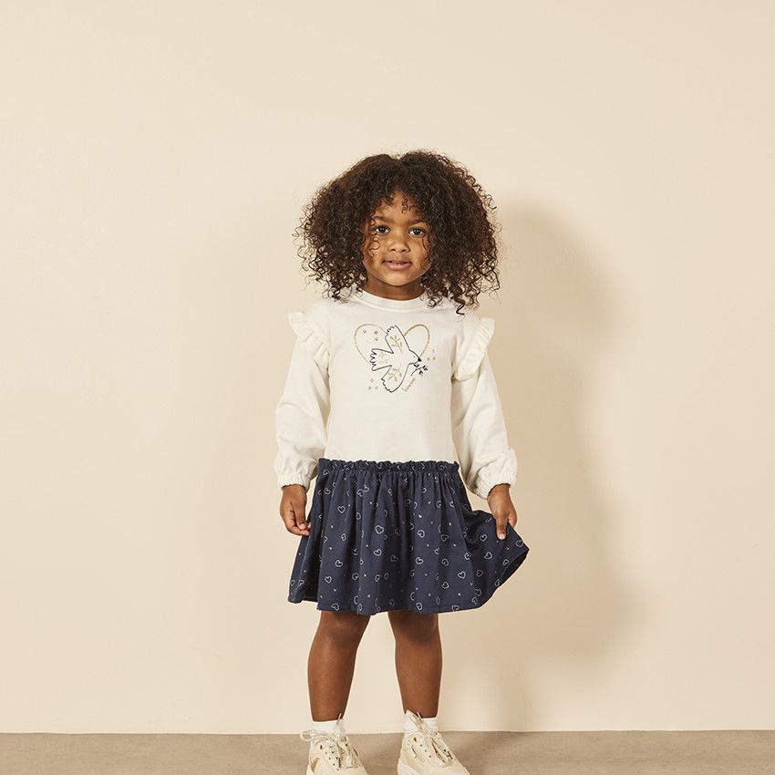 Robe bi-matière effet 2 en 1 print oiseau pour bébé fille - Ecru