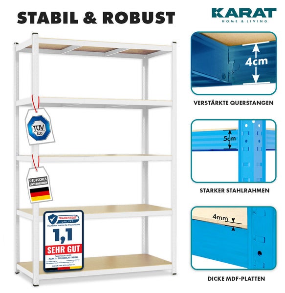 Robuuste stellingkast - wit - voor kelder & werkplaats - 180 x 90 x 45 cm - draagvermogen 875 kg