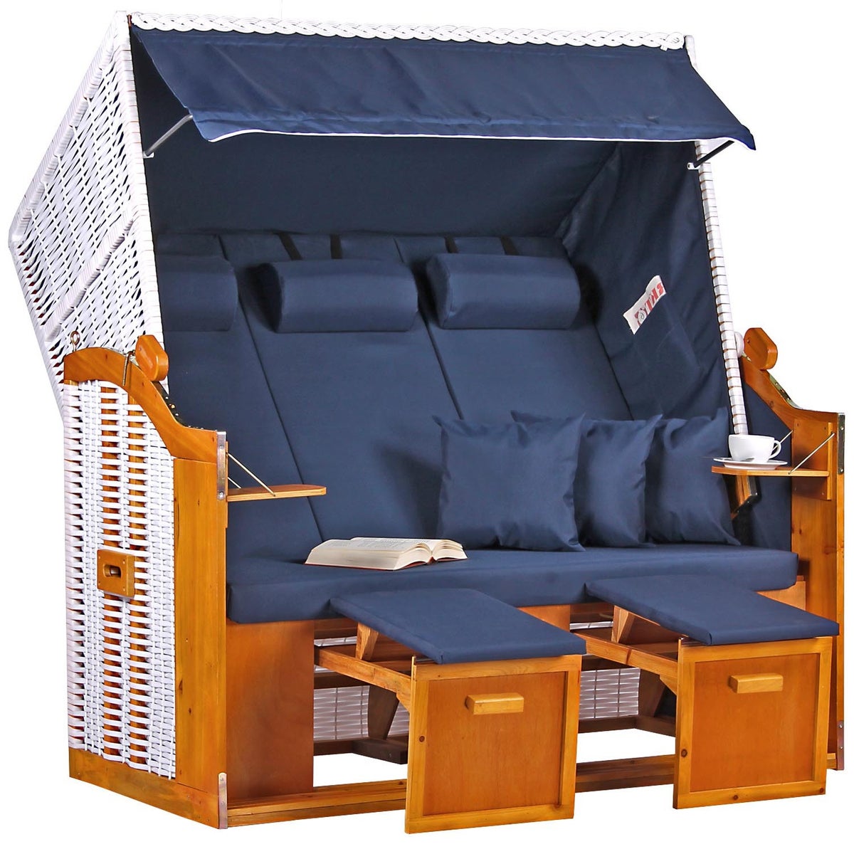 Baltische driezits strandstoel, PE wit, effen blauw design