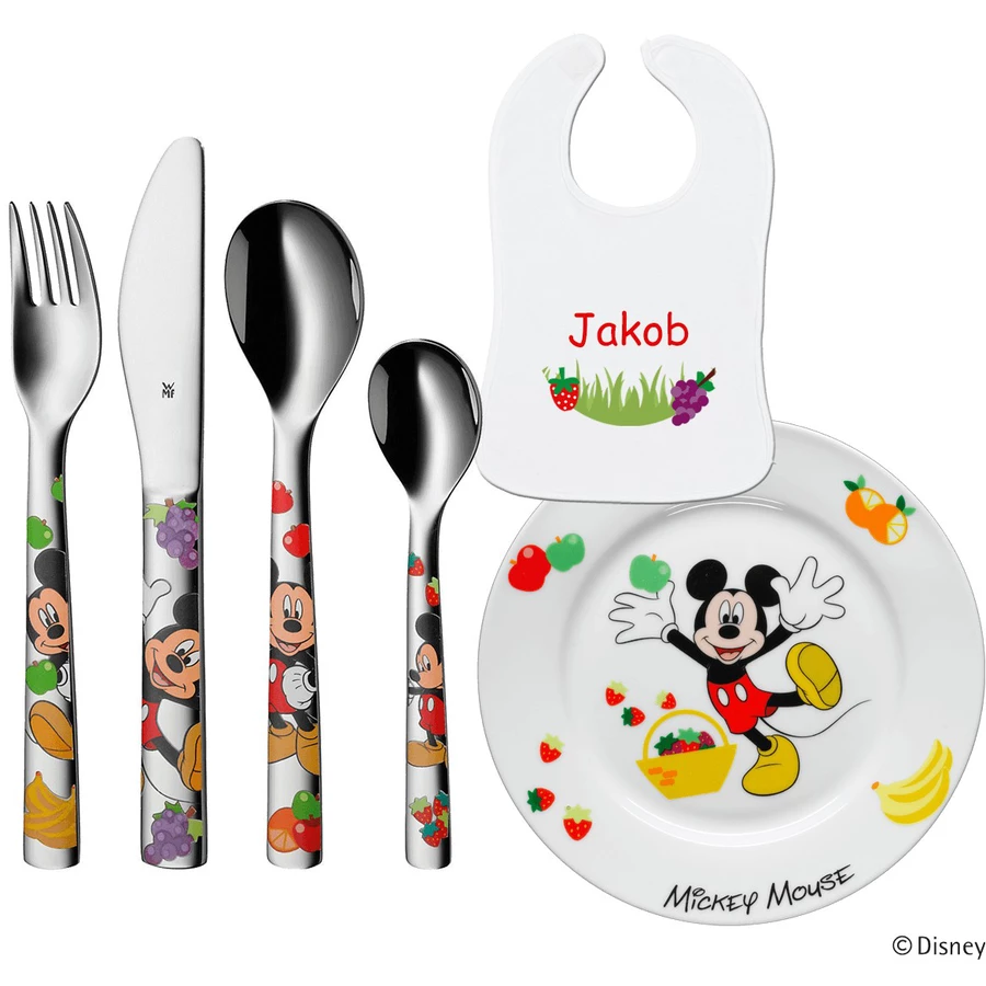 Schnullireich Geschenkset mit Namen Mickey Mouse: WMF Kinderbesteck + Teller + Lätzchen 6-Tlg Silber