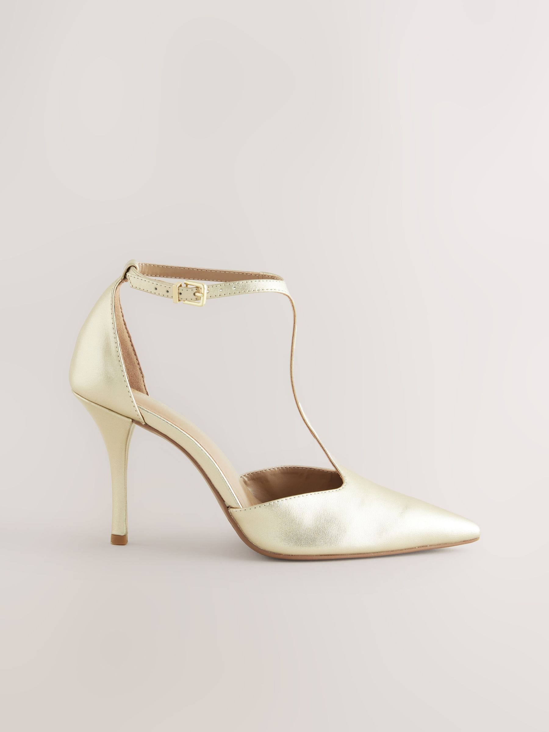 Goud - Leather T-Bar Pointed Toe Heels